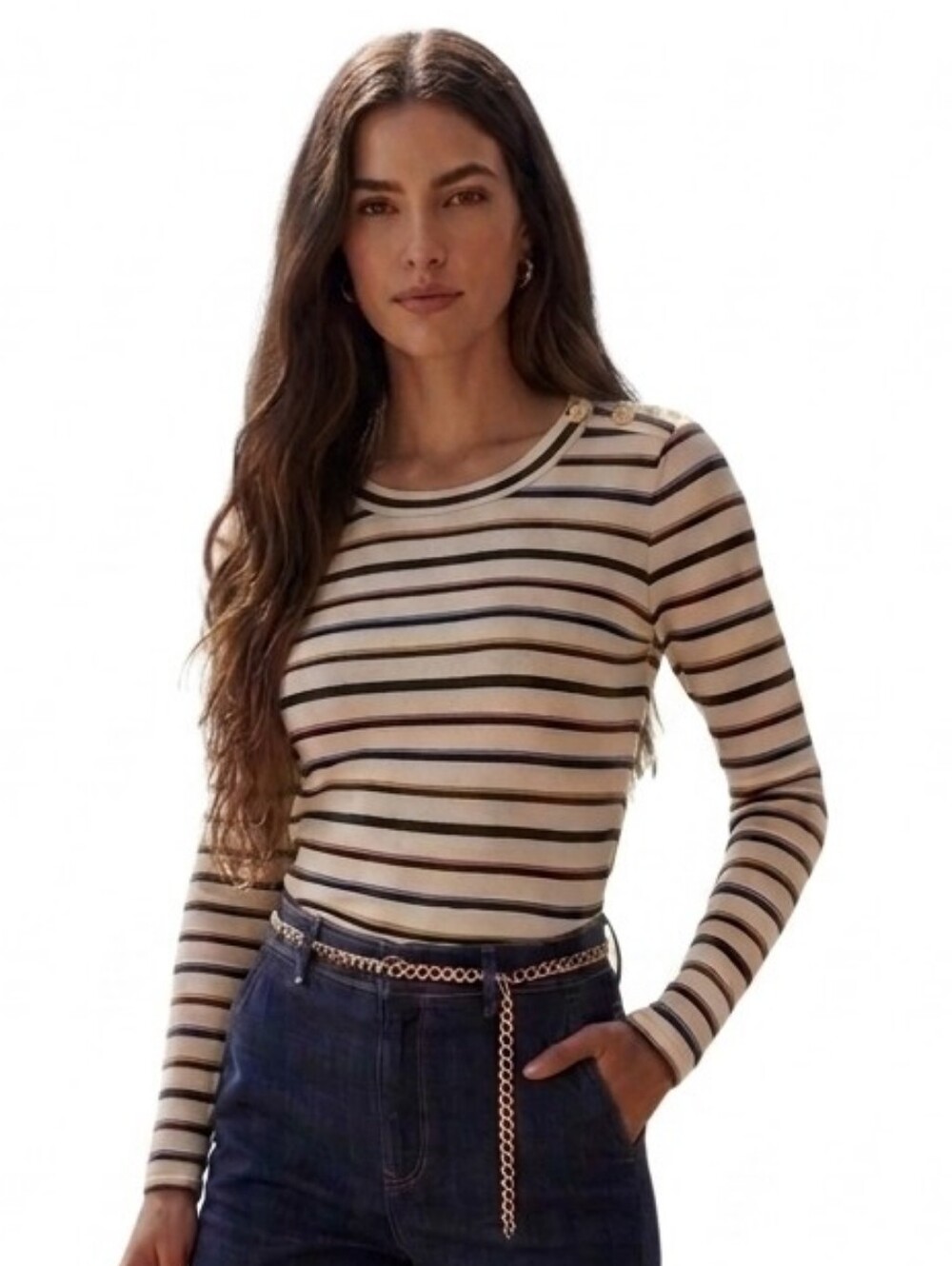Veronica Beard striped gold shoulder button long sleeve multicolor top